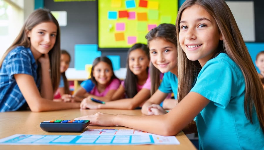 Students in teams press tabletop buzzers while a teacher hosts a quiz-show style classroom review game; a colorful, text-free grid is projected in the background.