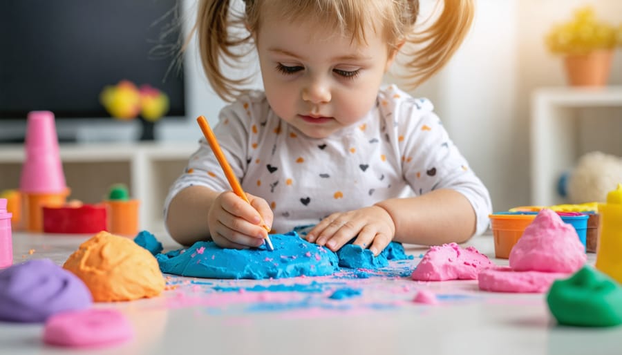 Child's hands working with colorful play dough during sensory play activity