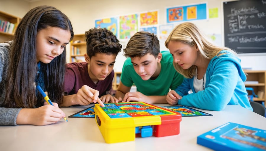 Four seventh-grade students collaborate around a classroom table on a colorful puzzle and lock box challenge, with soft daylight and a blurred classroom background.