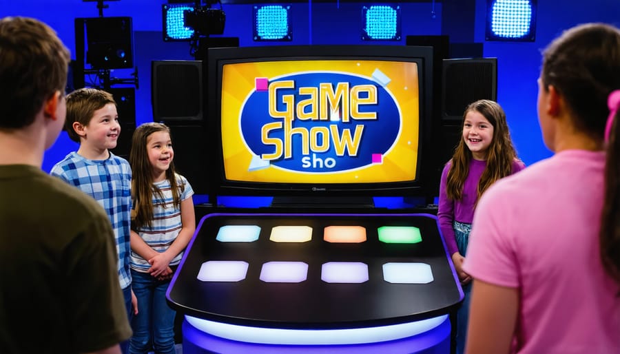 Group of diverse 7th grade students working together on game show style team activity in classroom