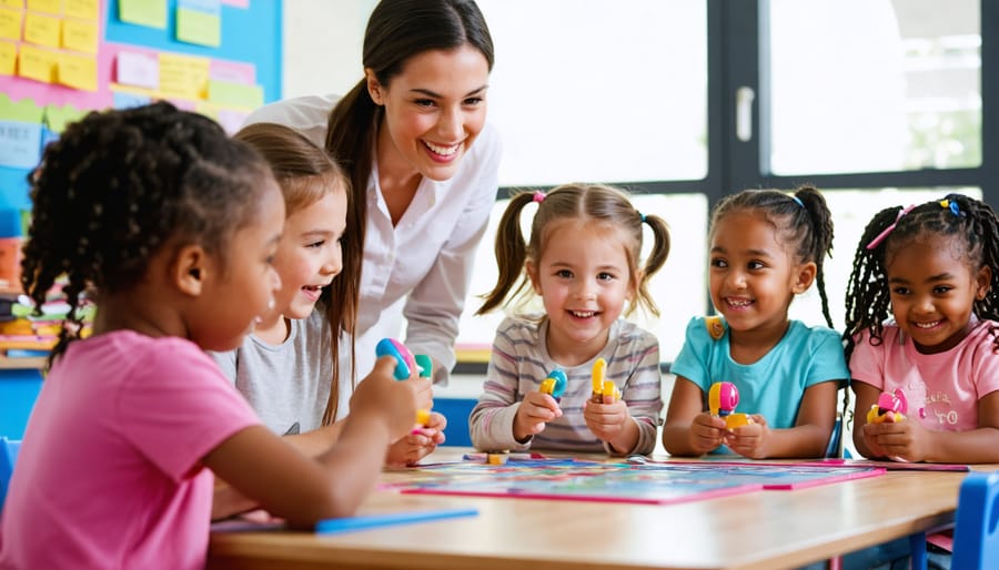 Teacher facilitating a spelling game with diverse upper-elementary students holding buzzers in a sunlit classroom, sharp focus on excited faces with blurred bulletin boards and shelves in the background, no visible text.