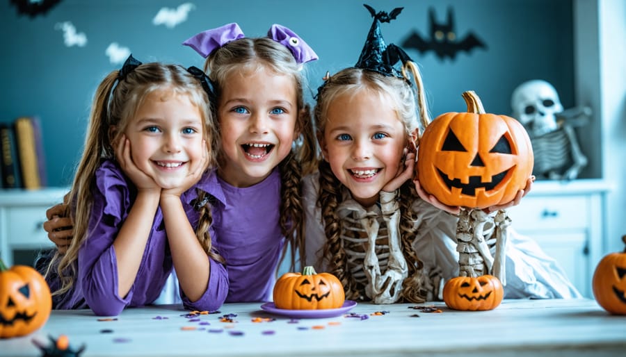 Middle school students collaborating in small group during Halloween trivia activity