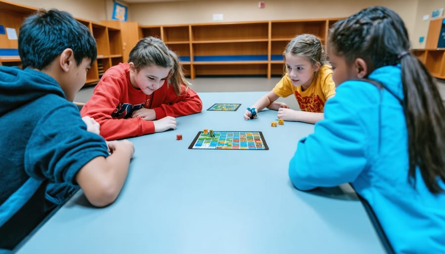 Three middle school students collaborating in team huddle during classroom game