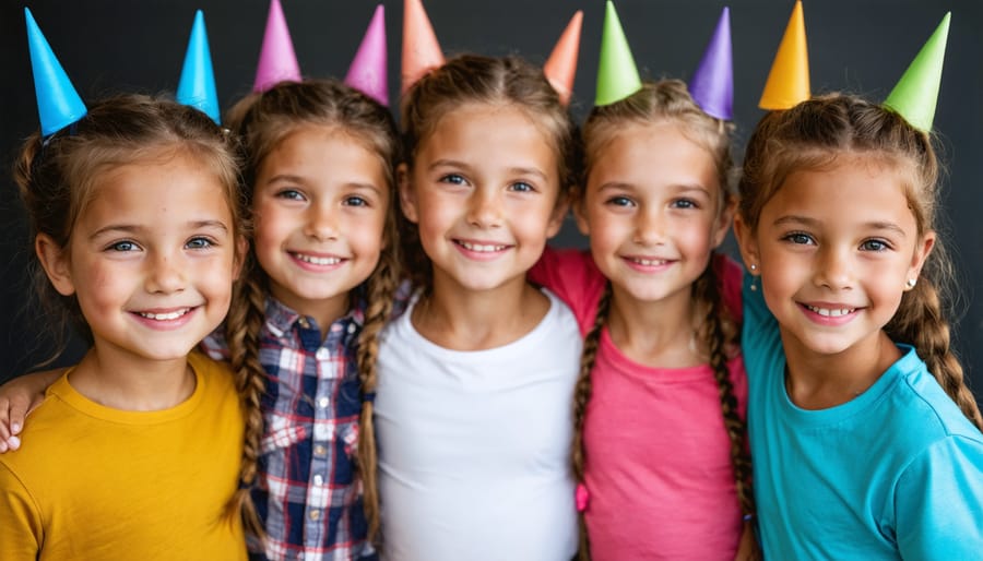 Group of elementary students celebrating and high-fiving together in classroom