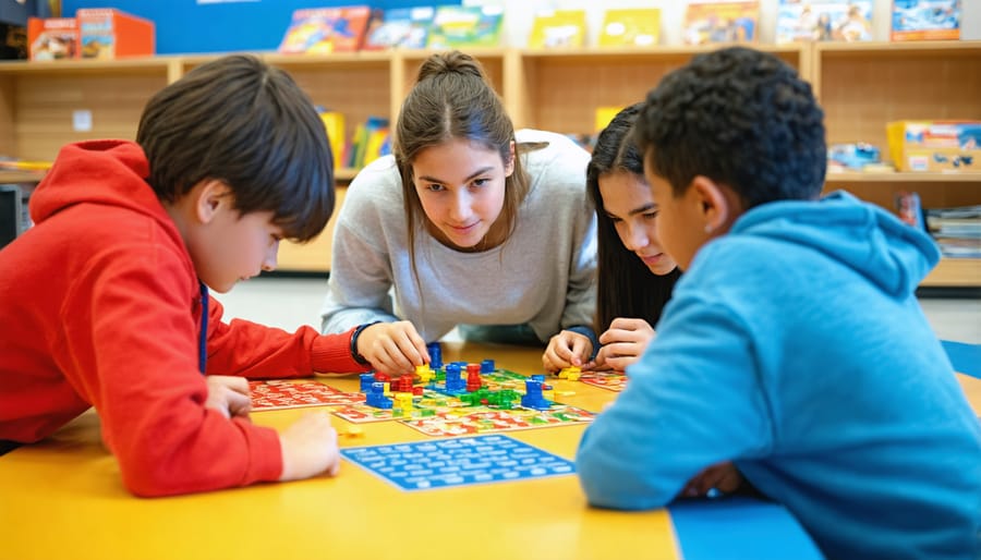 Overhead view of elementary students playing an educational board game together on classroom floor