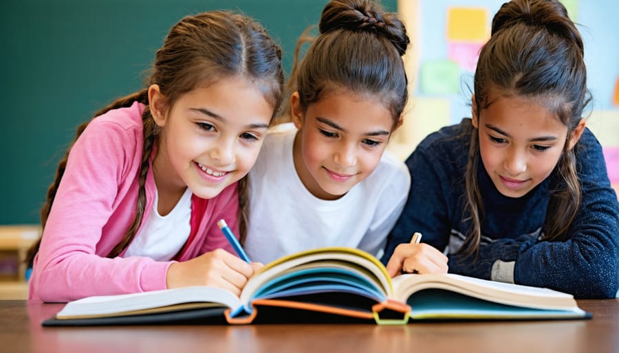 Elementary students working together on word puzzle activities in classroom circle