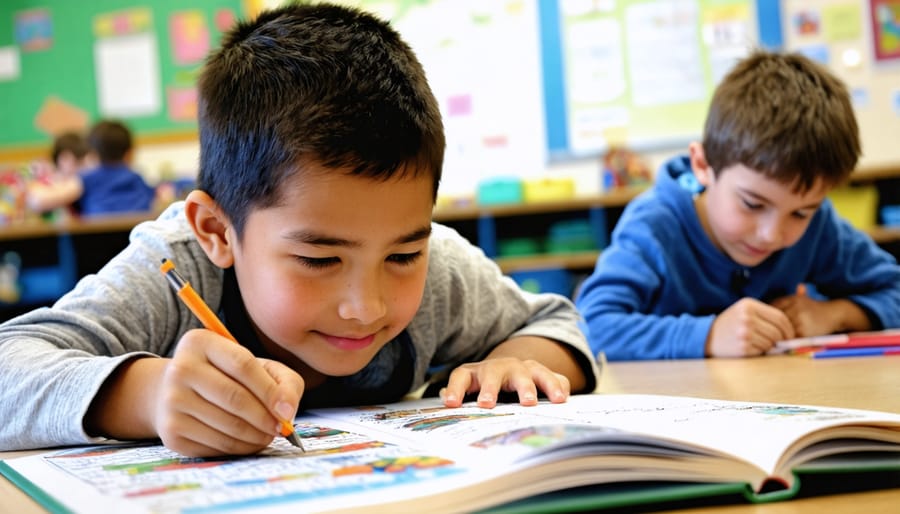 Elementary students enthusiastically working on word puzzle activities at their classroom desks