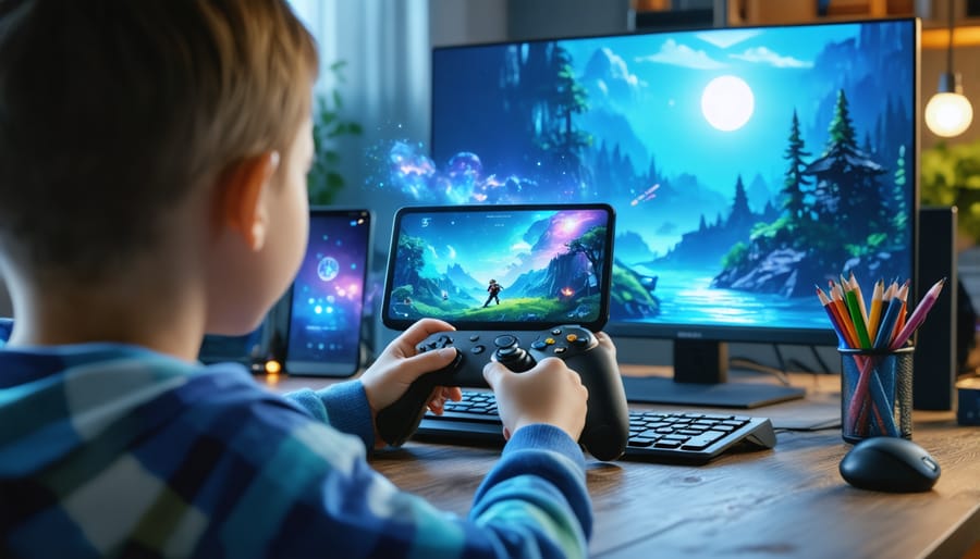 Engaged elementary students raising hands enthusiastically in bright classroom setting