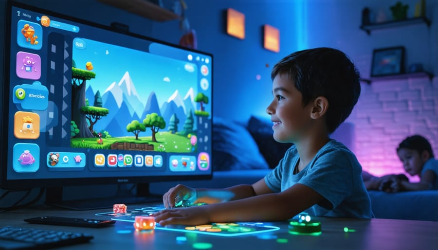 Diverse group of elementary students raising hands excitedly during interactive classroom game