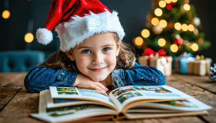 Elementary students playing Christmas games together in decorated classroom
