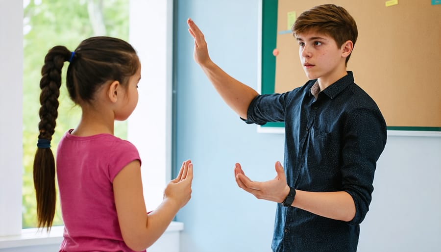 Students practicing classroom routines with materials while teacher observes
