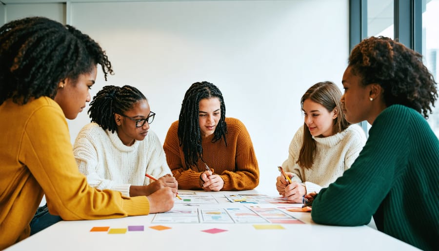 Three middle school students collaborating on puzzle solving activity with clue cards