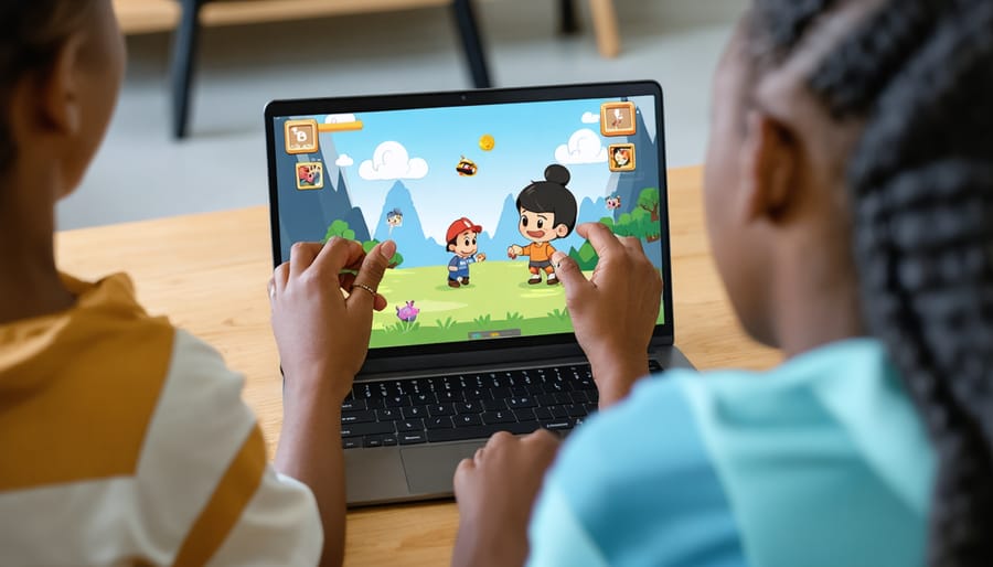 Teacher's hands with presentation remote controlling classroom game on laptop