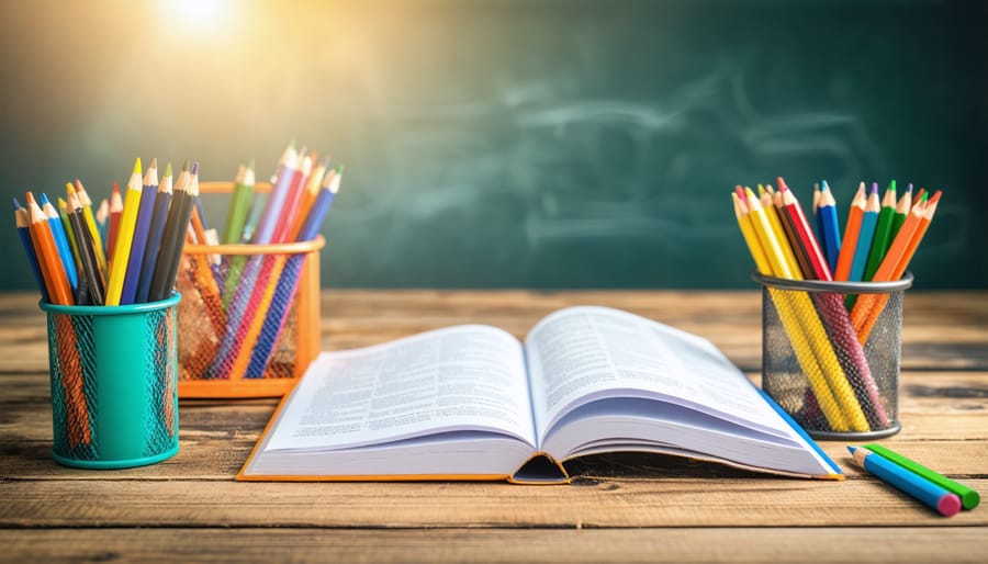 Teacher's hands working on colorful educational game templates at wooden desk