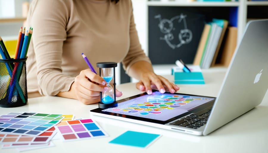 Teacher-creator at a desk using a drawing tablet next to an hourglass, color swatches, and stack of icon game cards, with a laptop showing abstract shapes and a blurred classroom background.