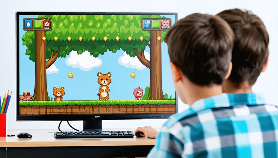 Teacher customizing educational game template on laptop computer