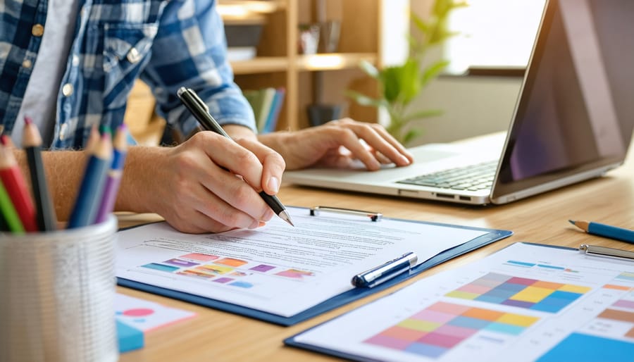 Teacher-turned graphic designer signs a contract at a tidy home desk with a laptop showing a blurred design canvas, tablet and stylus, and color swatches, in soft natural light with a bookshelf and plant in the background.