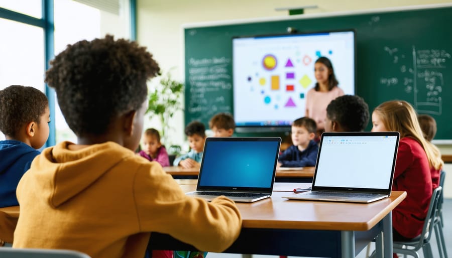 Teacher stands by a projected screen with colorful shapes while middle-school students use laptops to participate in an educational, slide-based game; classroom posters and shelves are softly blurred in the background.