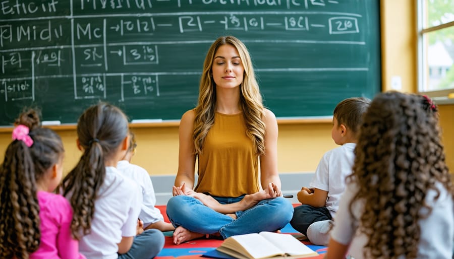 Teacher practicing mindful breathing near classroom window during school day