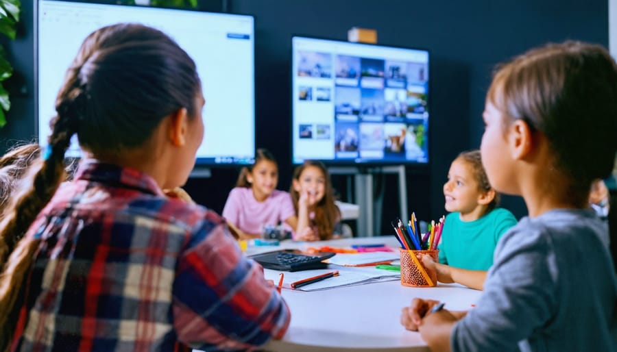 Elementary teacher kneeling with students in circle demonstrating classroom procedure