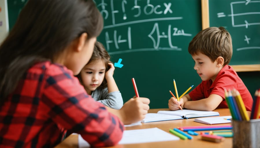 Teacher's hands holding observation notebook while monitoring student behavior in classroom
