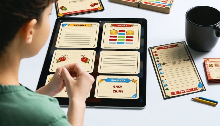 Teacher preparing and customizing interactive game materials at desk