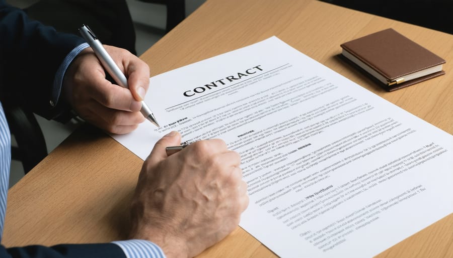 Teacher reviewing freelance contract documents at home office desk
