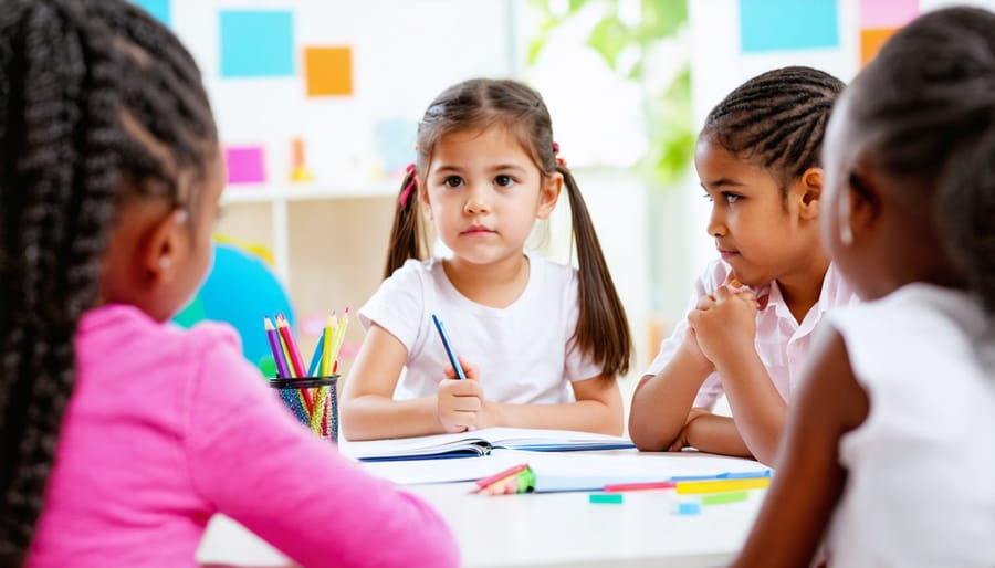 Teacher and student hands on desk demonstrating patient guidance in classroom