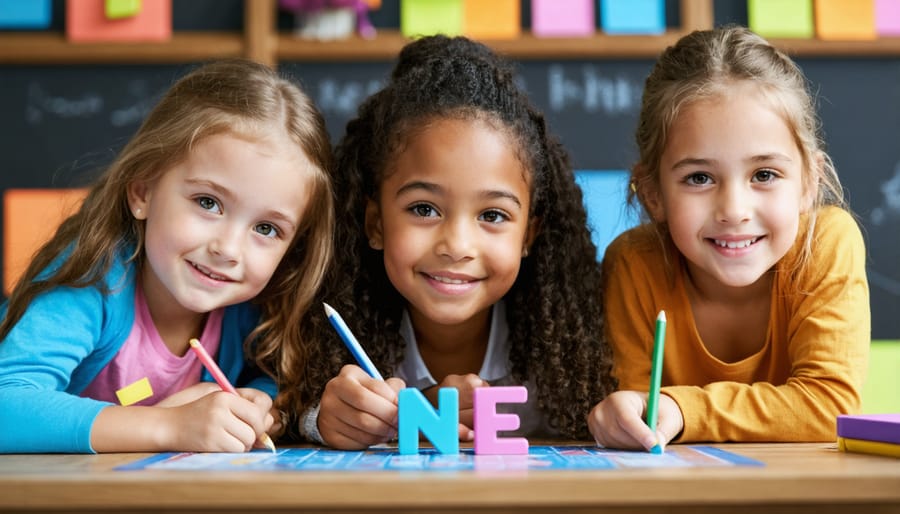 Students participating in team-based spelling competition with letter cards in classroom