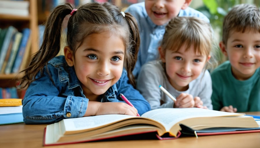 Engaged third grade students sitting in classroom circle with raised hands showing excitement
