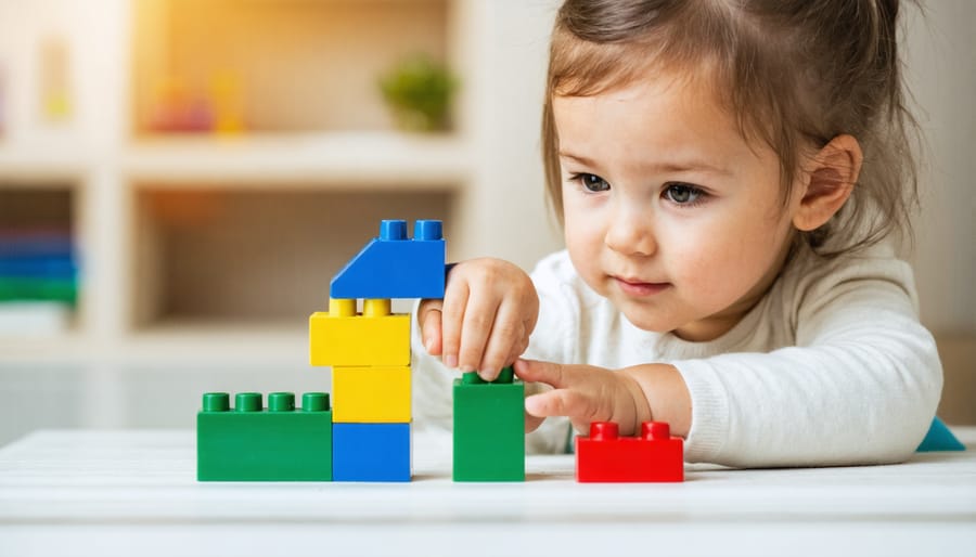 Three-year-old child building with colorful wooden blocks on floor