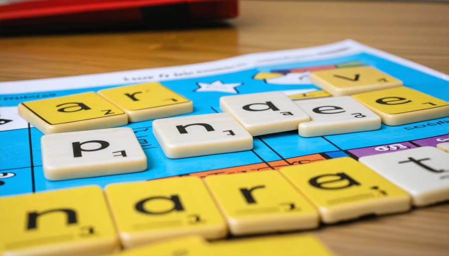 Two students sitting across from each other at desk playing word game together in classroom