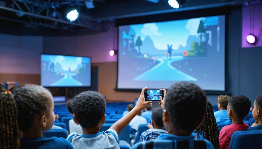 Teacher projecting interactive game on screen while engaged students raise their hands enthusiastically