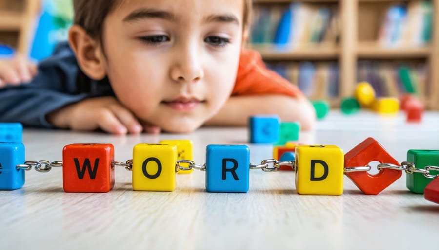 Close-up of two students' hands writing connected words on paper with colorful markers