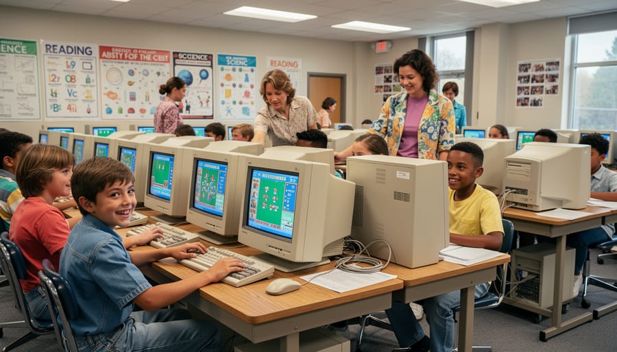 Elementary students using desktop computers for educational games in 1990s classroom setting