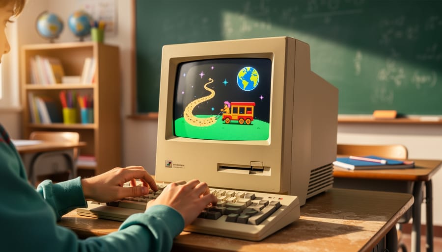 Vintage beige CRT computer on a school desk showing colorful pixel art of a wagon trail, globe, and stars, with a student’s hands on the keyboard and a warmly lit, softly blurred classroom in the background.