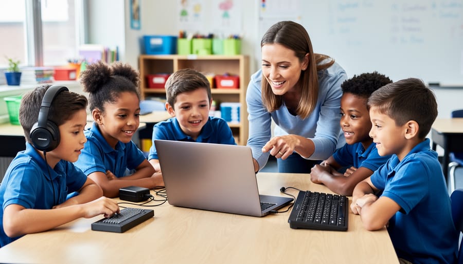 Diverse elementary students and a teacher gathered around a laptop using adaptive technology—over-ear headphones for a screen reader, a small braille display, and a large-key keyboard—in a bright classroom with the background softly blurred.