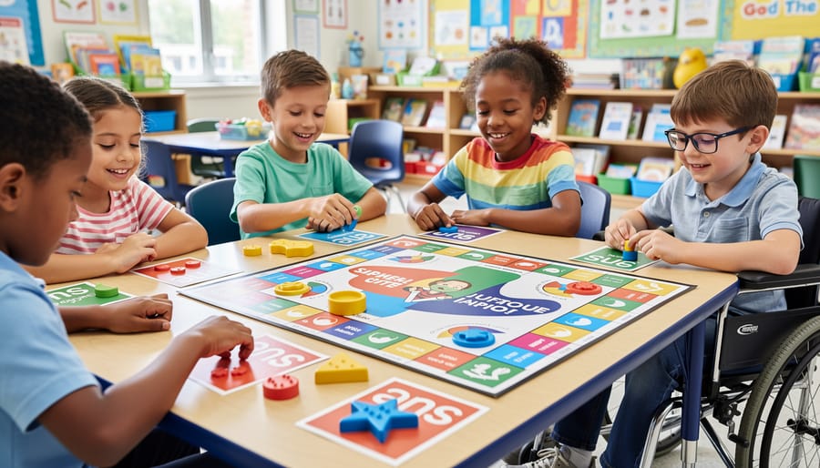 Teacher preparing accessible game materials with large-print cards and tactile elements on classroom table