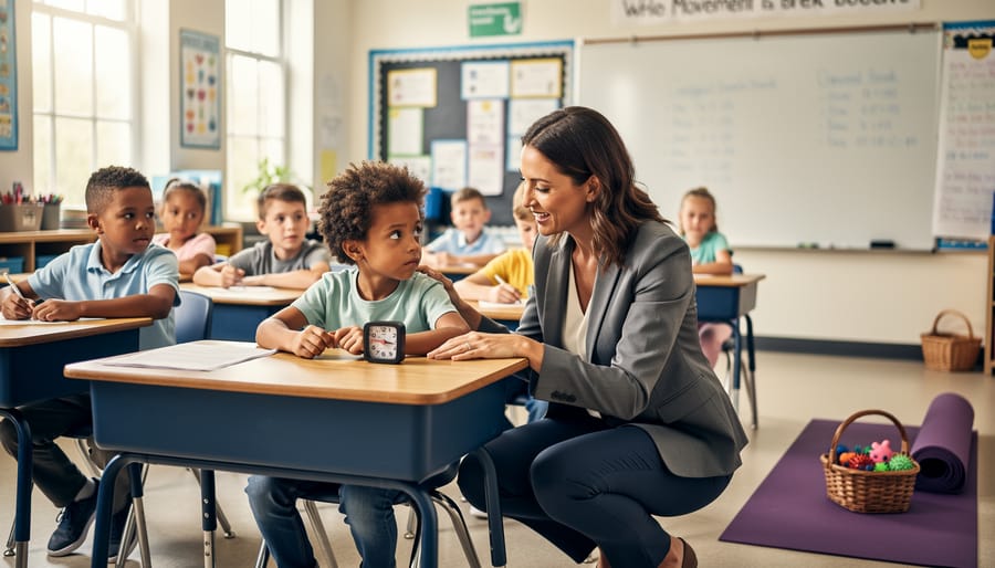 Teacher crouches beside an elementary student at a desk with a visual timer; a small movement-break area with a yoga mat and fidget basket is nearby; other students and a whiteboard are softly blurred under bright natural daylight.