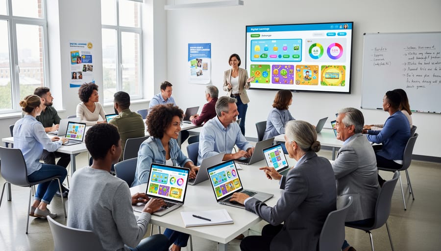 Adult education classroom with instructor and students using digital devices for learning