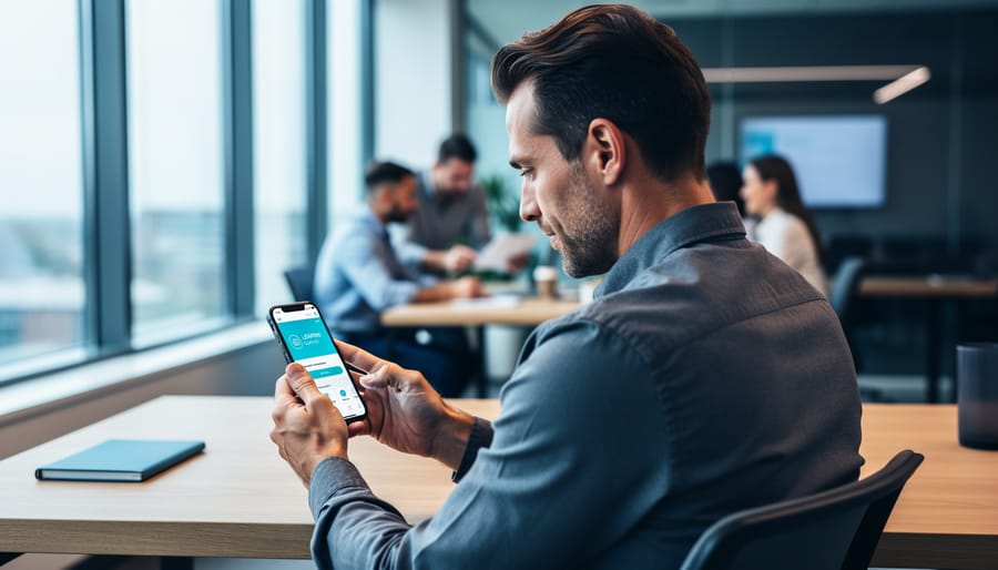 Over-the-shoulder view of an adult professional using a smartphone learning app at a modern workspace with natural daylight, laptop and coffee nearby, and coworkers blurred in the background; no readable text on screen.