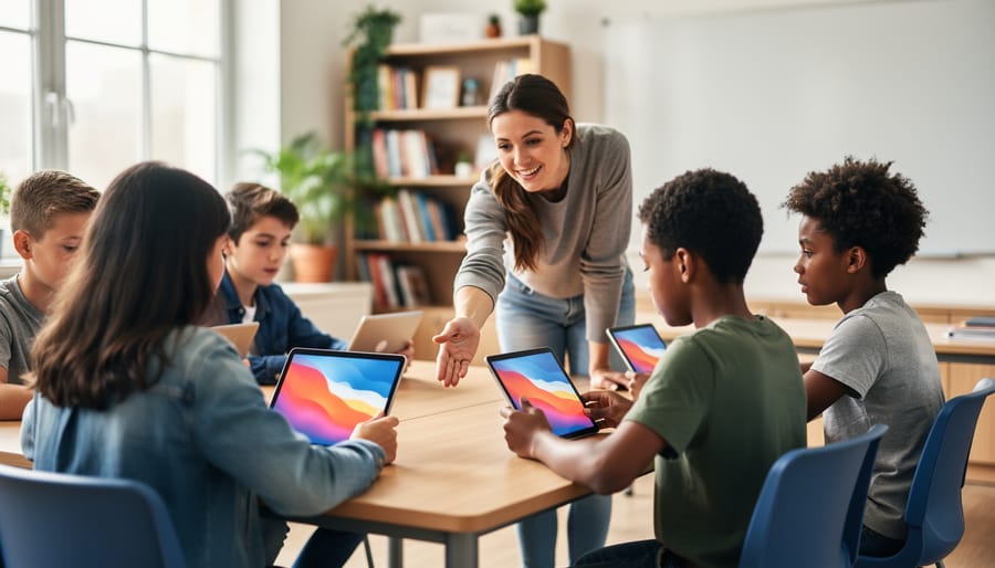 Teacher assisting diverse students using tablets at a shared table in a sunlit classroom, with softly glowing screens and a blurred whiteboard and bookshelves in the background, conveying individualized technology-supported learning.