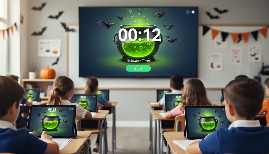 Close-up of Halloween animated timer showing cauldron and bat graphics on laptop screen