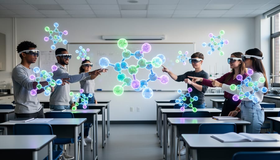 Student using tablet with augmented reality displaying 3D molecule hologram