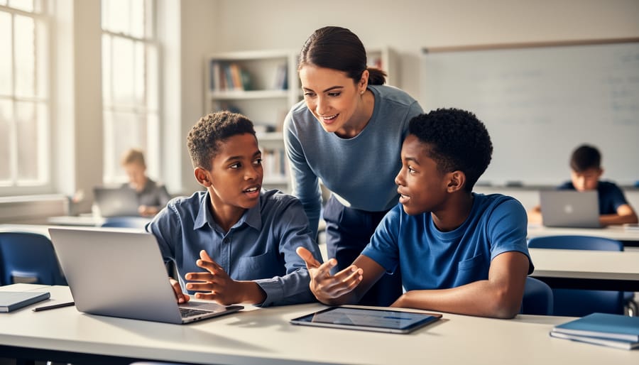 Teacher observes two students collaborating on a laptop and tablet at a classroom table, with a softly blurred whiteboard, bookshelves, and classmates in the background.