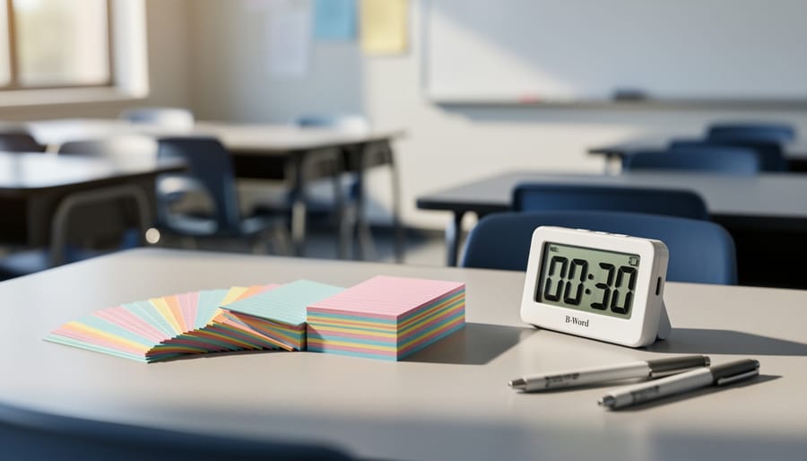 Teacher preparing game materials including colorful cards and timer on classroom desk