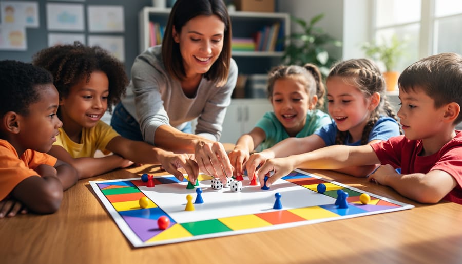Teacher and diverse elementary students gathered around a table using a colorful blank board game template with dice and tokens; hands and board in sharp focus, classroom softly blurred, no visible text or numbers.
