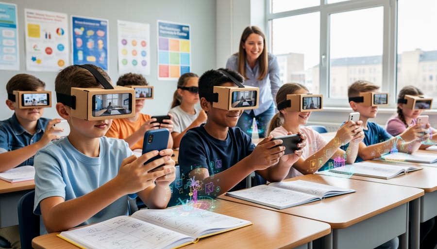 Teacher and students using affordable cardboard VR viewers and smartphones for classroom learning