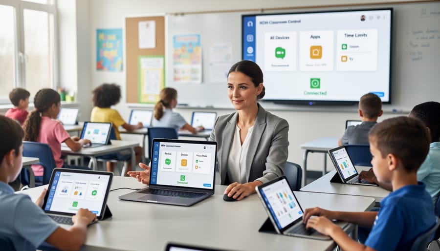 Students using tablets in classroom with teacher managing multiple devices