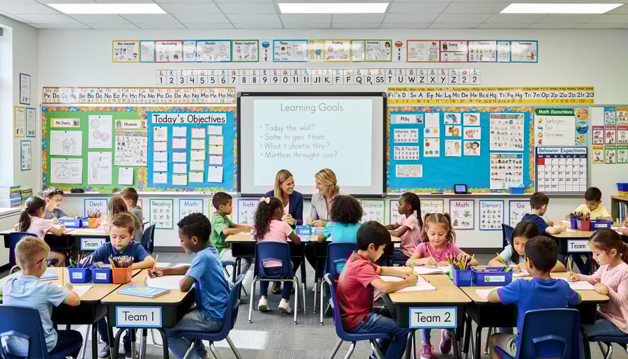 Colorful educational posters and anchor charts arranged on classroom wall display